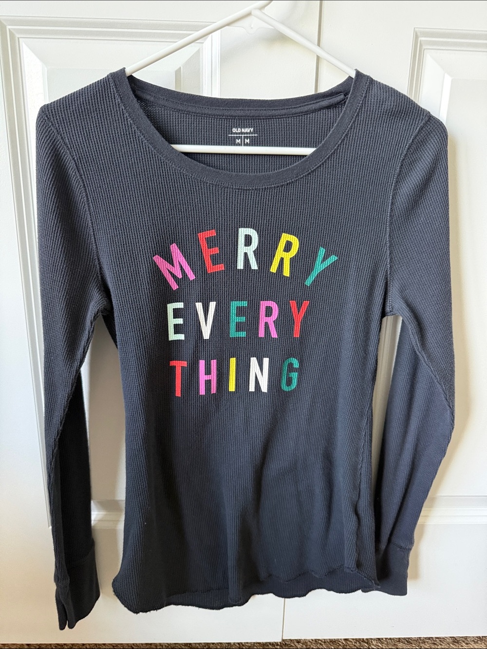 Old Navy Dark Gray Long-Sleeve Tee with Colorful "MERRY EVERYTHING" Graphic